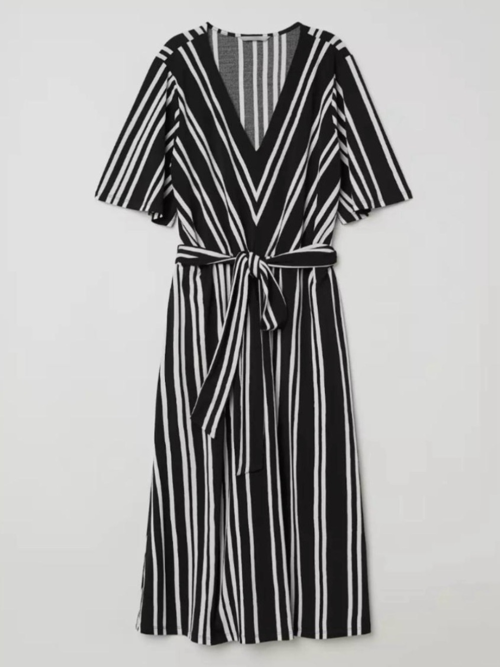 H&M Striped Black & White V-Neck Belted Midi Dress